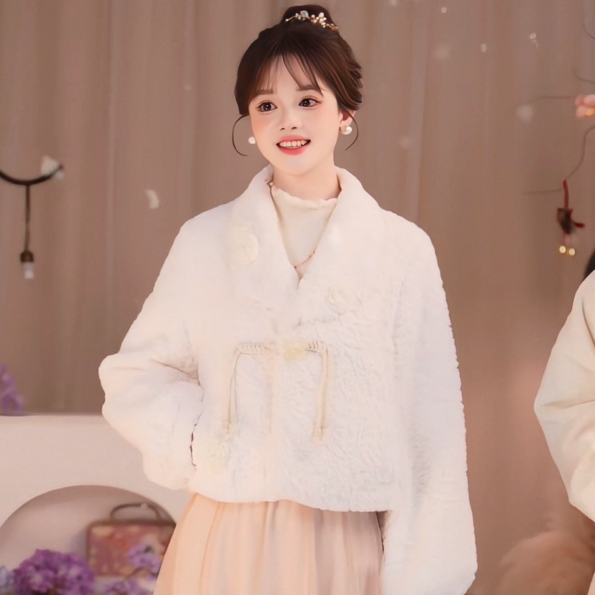 瑶西【粉蔻山茶】冬季立体手工花盘扣厚外套杏色加绒半身纱裙套装,淘宝优惠券,粉丝福利购,淘宝优惠卷