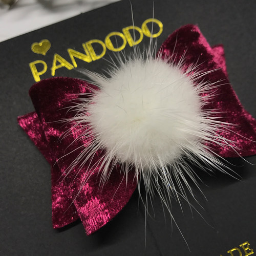 PANDODO独家手工 韩国进口水貂毛球丝绒蝴蝶结儿童发夹 新年头饰 - 图1