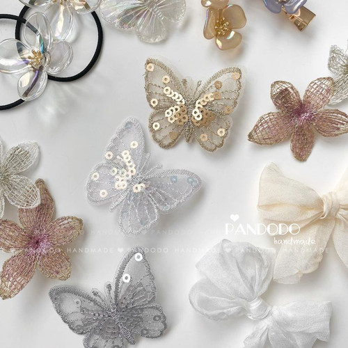 ins热款 精致刺绣亮片蕾丝蝴蝶结夹子儿童发夹女童发饰 宝宝边夹 - 图0