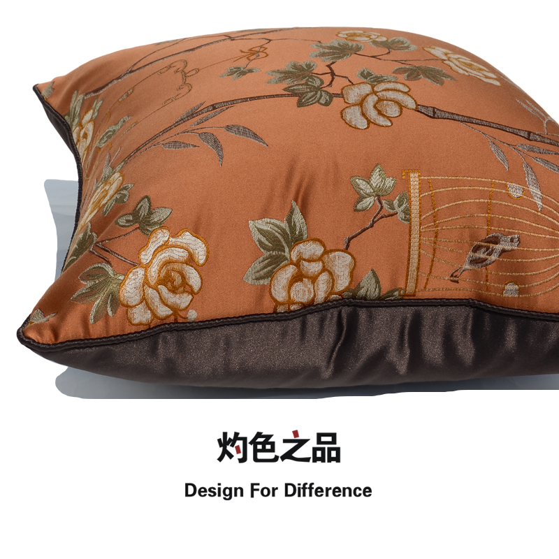 茶色绸缎绣花抱枕现代简约新中式床头沙发客厅大靠背靠枕靠垫方枕 - 图2