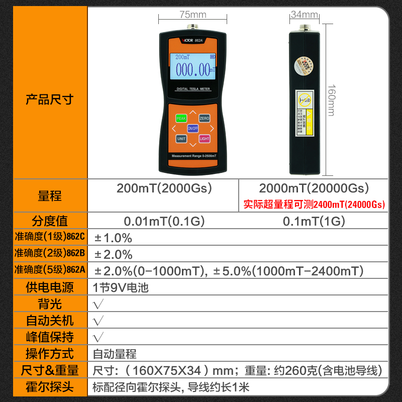 胜利高斯计数字磁场磁力磁性强度检测仪高精度特斯拉计磁通测磁仪 - 图3