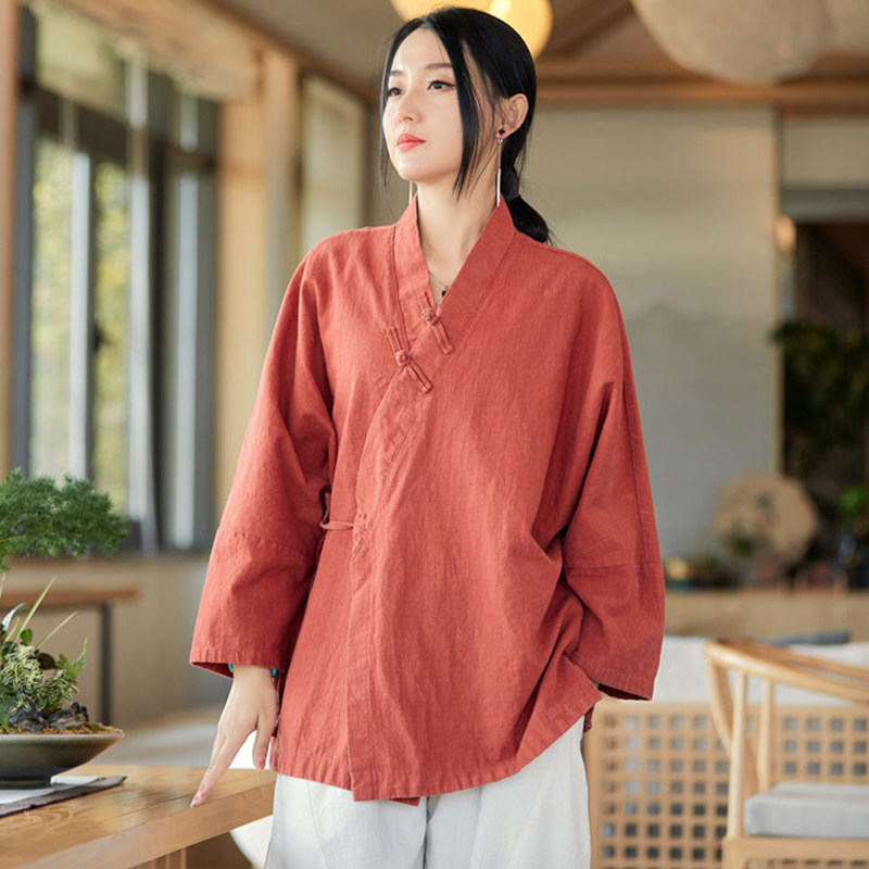 春夏中国风棉麻汉服v领系带上衣女文艺斜襟盘扣复古禅意茶服衬衫