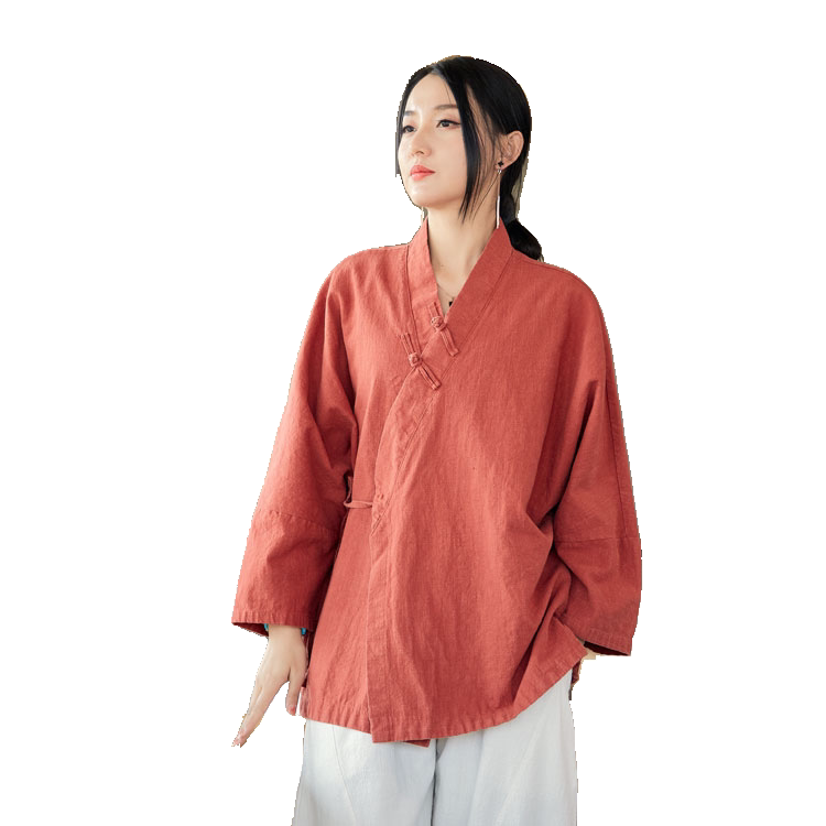 春夏中国风棉麻汉服v领系带上衣女文艺斜襟盘扣复古禅意茶服衬衫