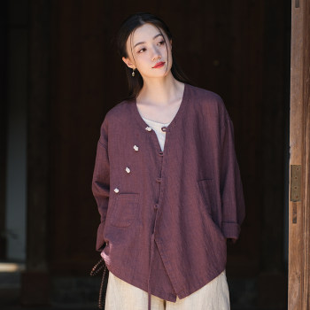 Retro Button Top Women's 2024 New Literary Zen Tea Clothes Autumn Travel Photography Photography Lace-up Jacket Short Cotton and Linen Cardigan