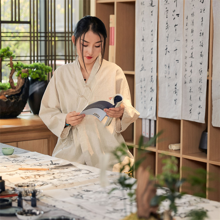 春夏中国风棉麻汉服v领系带上衣女文艺斜襟盘扣复古禅意茶服衬衫