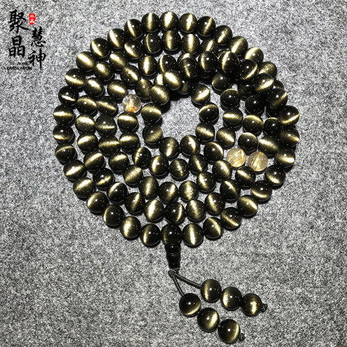 一物一图天然金曜石猫眼手链108颗佛珠多圈弧形猫眼石黑曜石手串 - 图0