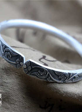 闺中秀 银器手工制作錾刻藤蔓花纹足银999银手镯女开口实心饰品刻