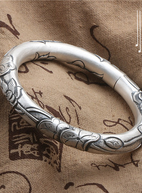 圆条雕花开口复古民族风纯银手镯