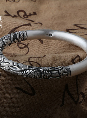 龙纹雪花足银手镯复古文艺