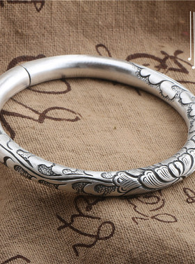 牡丹刻花送妈妈实心复古风银镯子