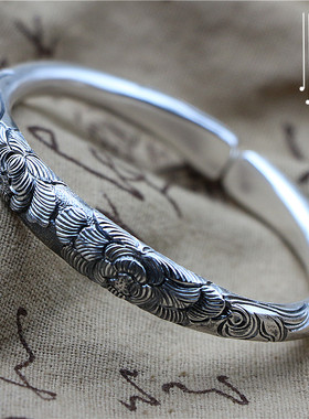 小蛮腰银手镯银足银999牡丹镯子实心手环送女朋友闺蜜生日礼物镯