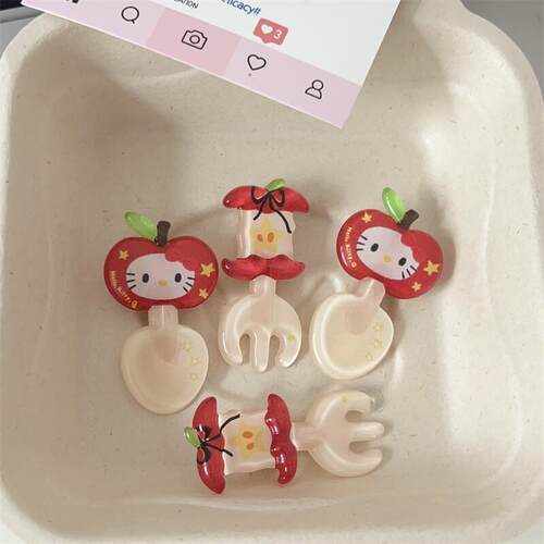可爱果冻kt苹果核叉子发夹红色卡通小猫趣味鸭嘴夹少女心可爱发饰 - 图0