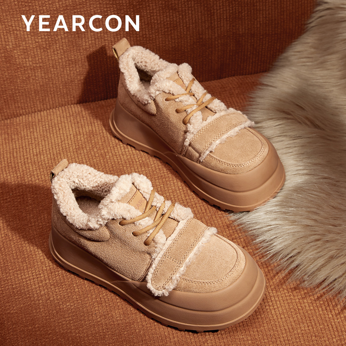 意尔康真皮厚底毛毛鞋雪地靴棉鞋女保暖加绒板鞋2025冬款勃肯鞋,淘宝优惠券,粉丝福利购,淘宝优惠卷