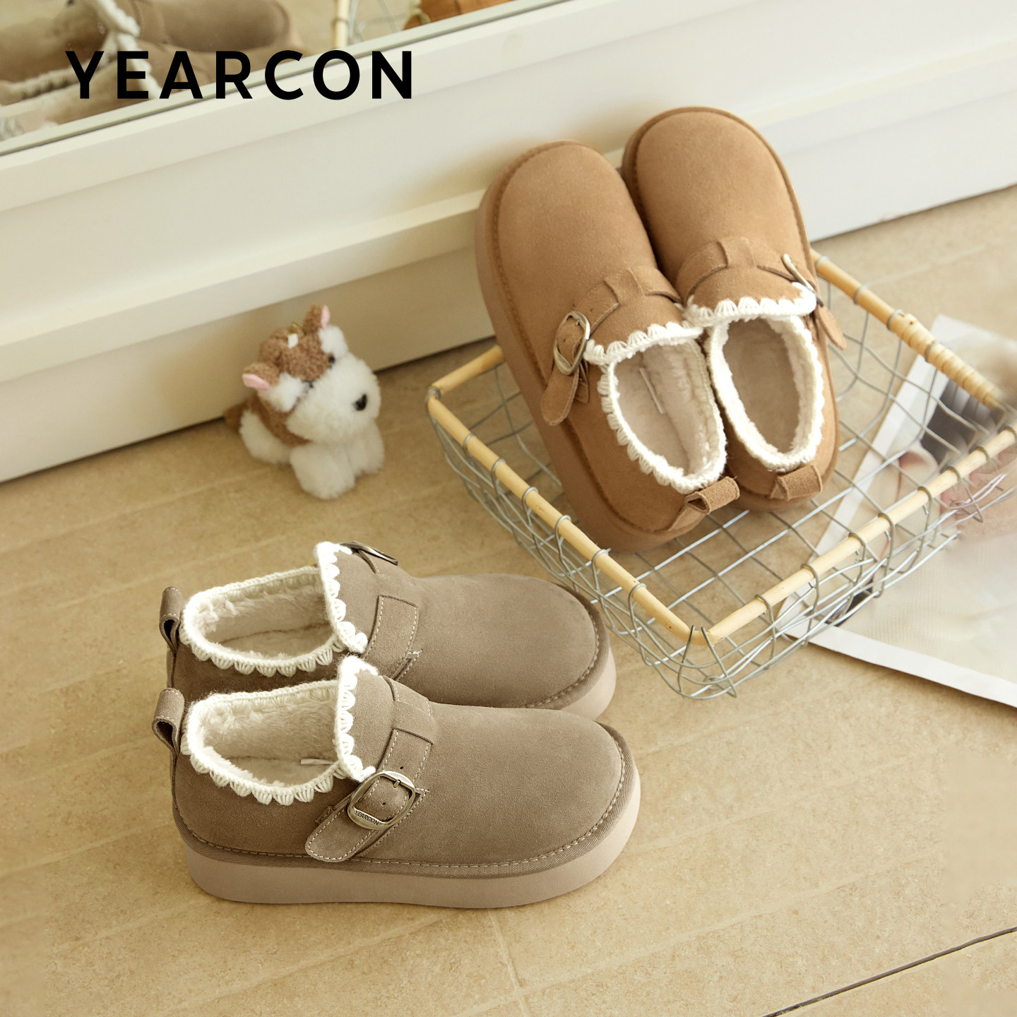 意尔康真皮加绒棉鞋女2025冬季新款小个子增高勃肯鞋加厚毛毛鞋,淘宝优惠券,粉丝福利购,淘宝优惠卷