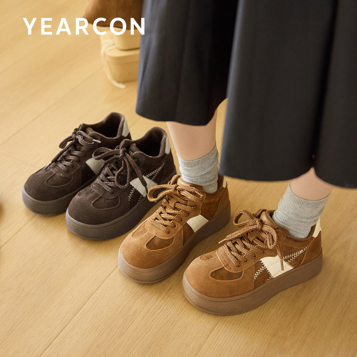 意尔康加绒保暖德训鞋女厚底增高2025冬新款复古棕色棉鞋休闲板鞋,淘宝优惠券,粉丝福利购,淘宝优惠卷