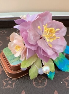 粉色牡丹真丝绒花汉服发簪