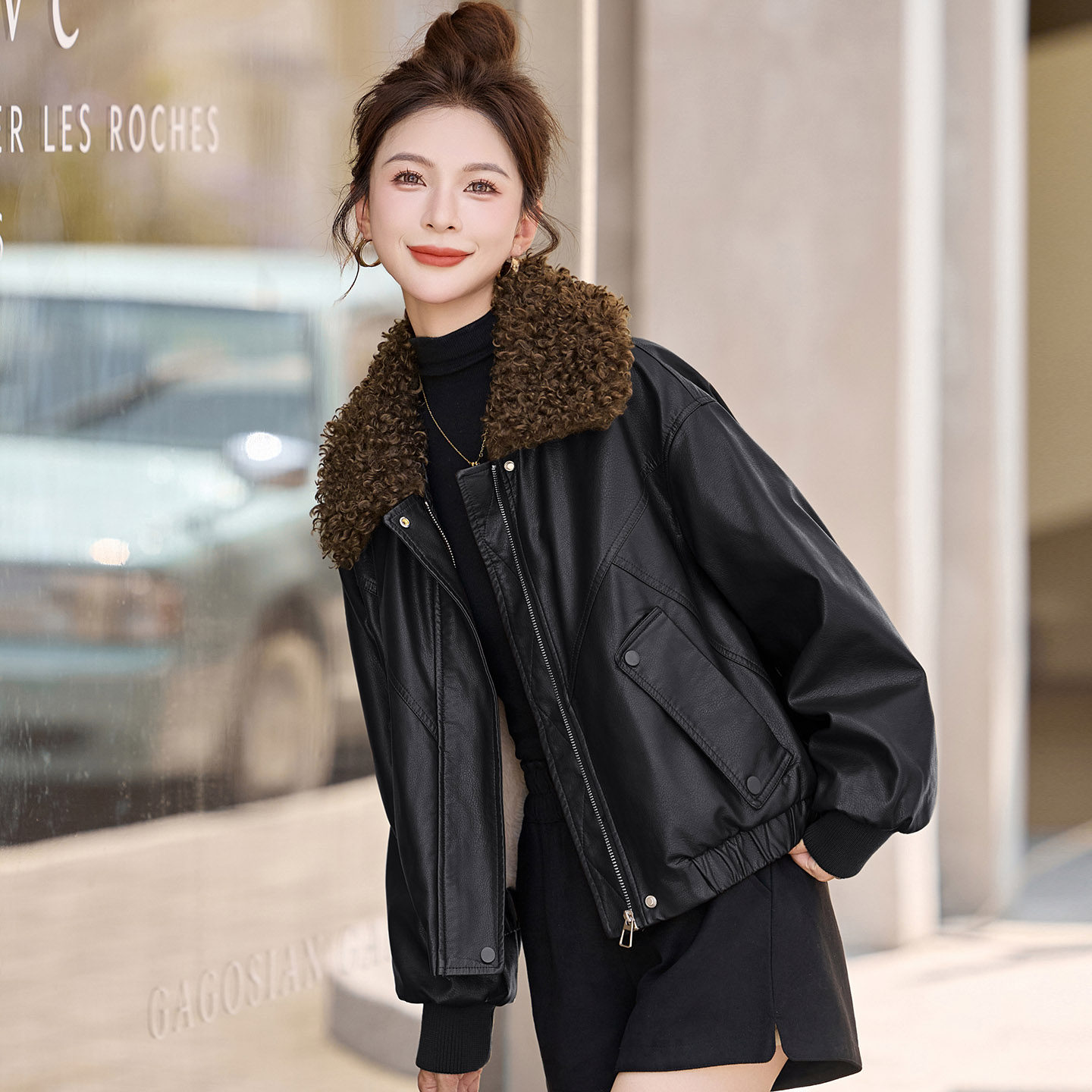 羊羔毛领短款加绒皮衣外套女秋冬新款小个子宽松百搭保暖夹克上衣,淘宝优惠券,粉丝福利购,淘宝优惠卷