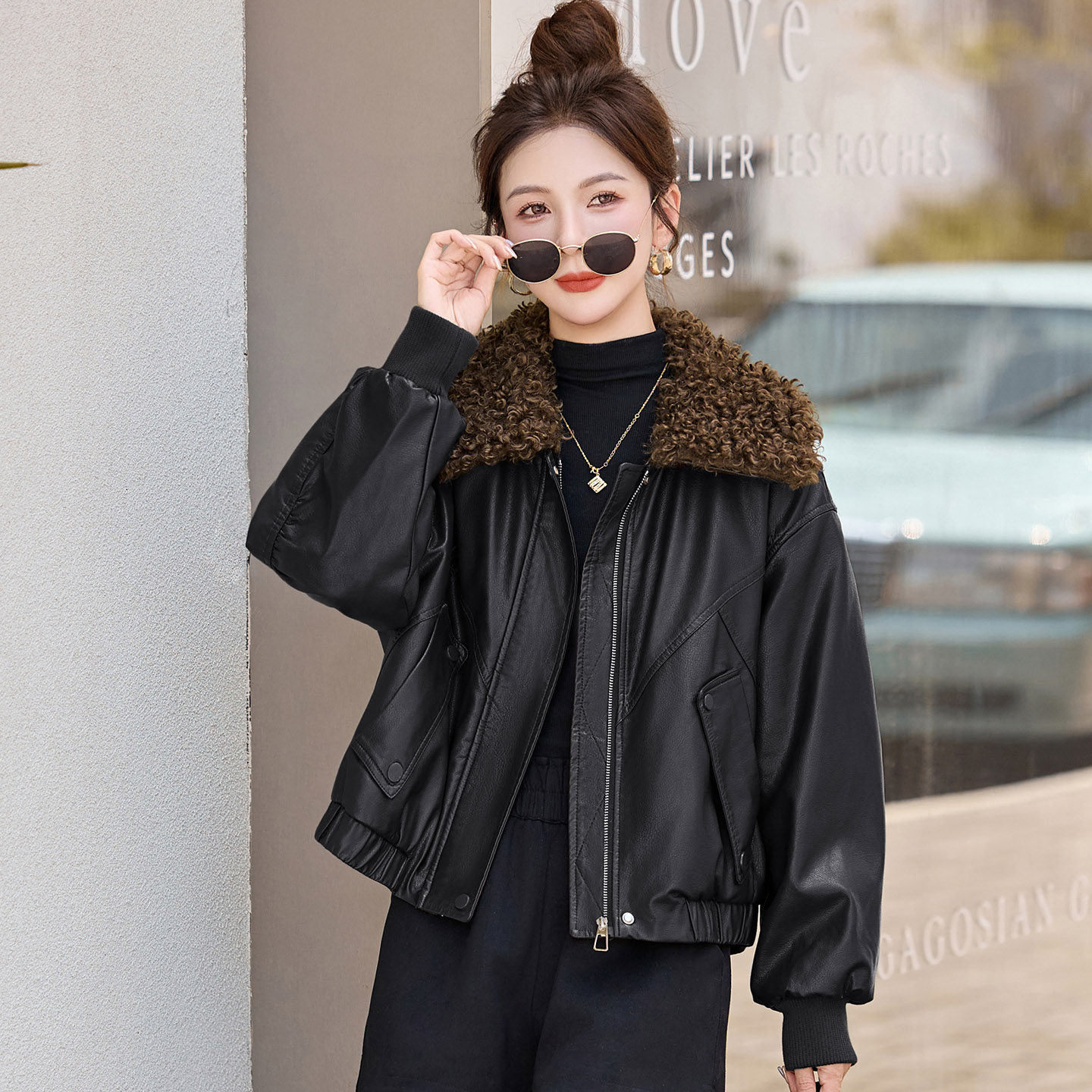 羊羔毛领短款加绒皮衣外套女秋冬新款小个子宽松百搭保暖夹克上衣,淘宝优惠券,粉丝福利购,淘宝优惠卷