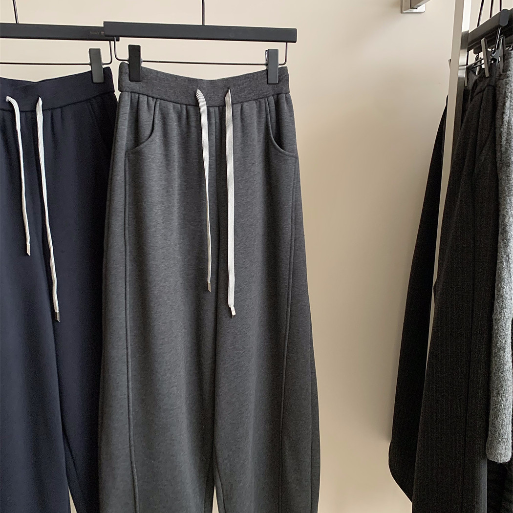 休闲条纹抽绳加绒束脚卫裤女2025冬季新款宽松直筒垂感显瘦阔腿裤