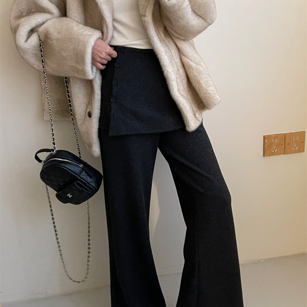 韩版设计感假两件休闲长裤女2025冬季新款可拆卸屁帘加绒微喇卫裤