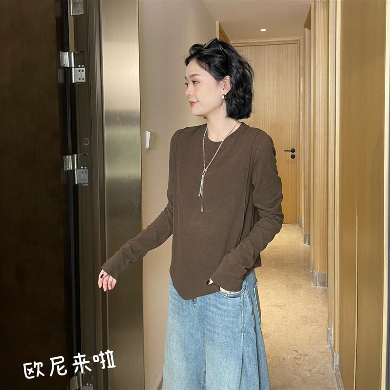 欧尼来啦横条设计感t恤2023秋季新款女装休闲百搭小众显瘦打底 - 图1