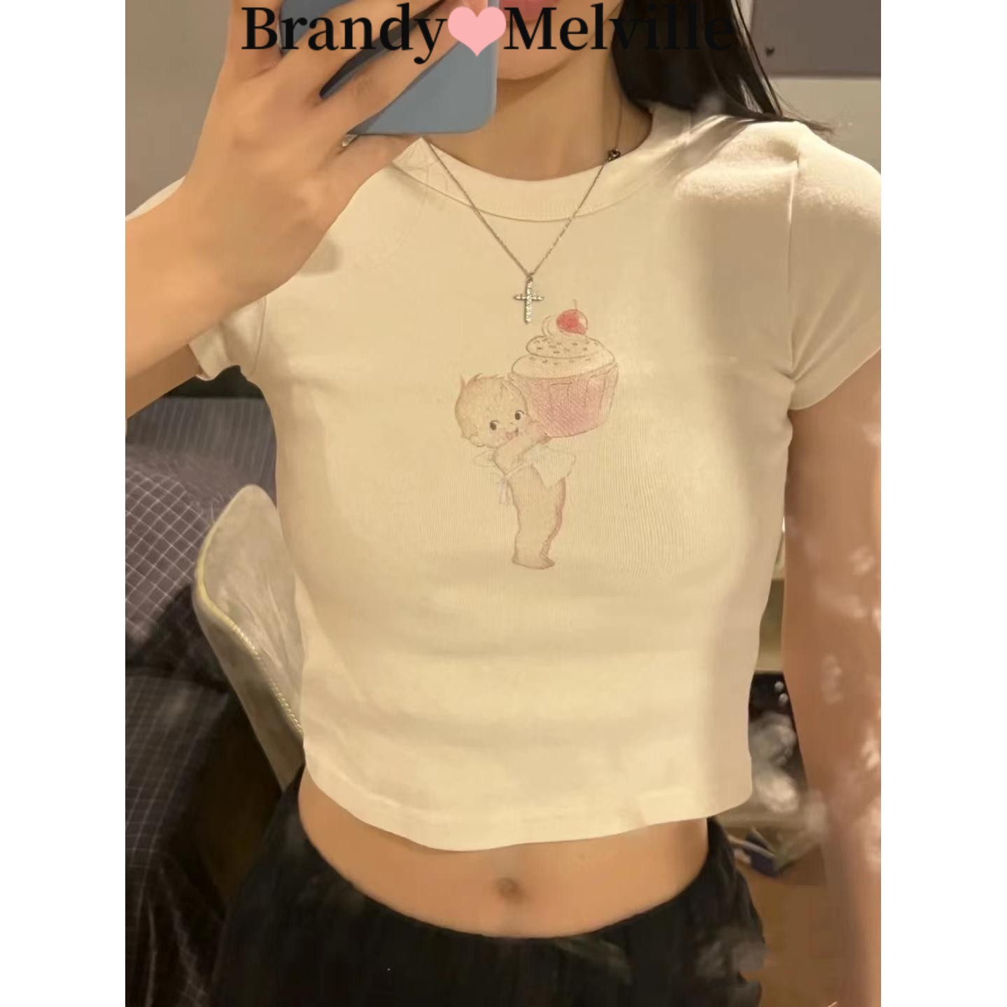 BrandyMelville正肩小天使蛋糕短袖t恤 bm甜辣修身上衣女纯棉短款 - 图1