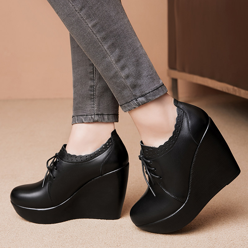 真皮厚底坡跟单鞋女2025秋季松糕底圆头系带皮鞋防水台深口高跟鞋,淘宝优惠券,粉丝福利购,淘宝优惠卷