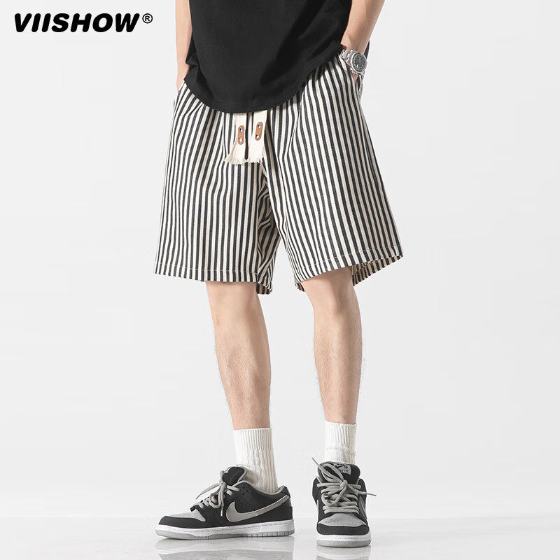 VIISHOW美式ins潮牌竖条纹短裤男夏季设计感五分裤日系休闲裤子男,淘宝优惠券,粉丝福利购,淘宝优惠卷