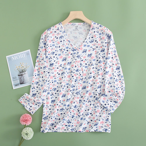 AB内衣女士纯棉薄款印花开衫长袖中老年妈妈睡衣宽松家居服上衣 - 图0