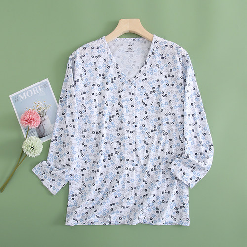 AB内衣女士纯棉薄款印花开衫长袖中老年妈妈睡衣宽松家居服上衣 - 图2