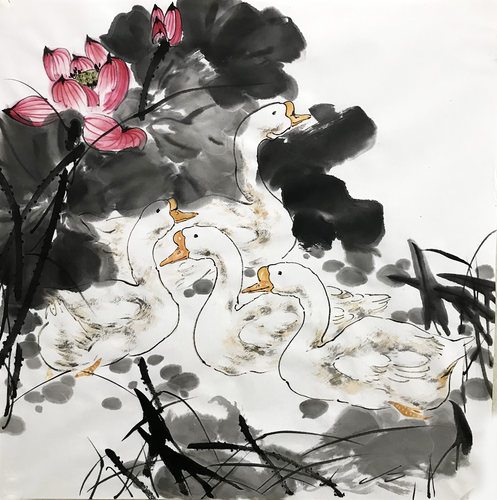 水墨画鹅国画精品四尺斗方无款手绘玄关墙画客厅装饰宣纸画芯中式 - 图0