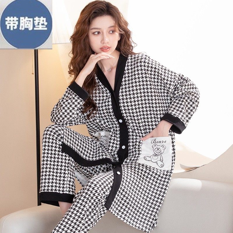 带胸垫睡衣女秋季薄款纯棉长袖套装2023年长款卡通可爱女士家居服,淘宝优惠券,粉丝福利购,淘宝优惠卷