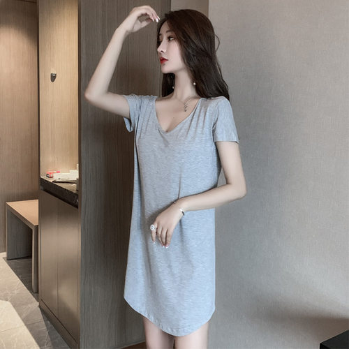 夏季睡裙女莫代尔纯棉薄款短袖睡衣冰丝性感露背春秋孕妇连衣裙子 - 图1