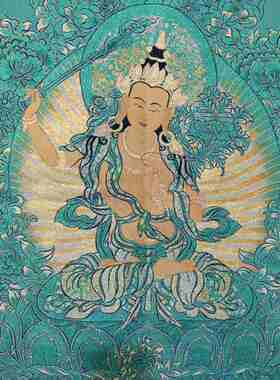 古玩收藏密宗唐卡装饰画文殊菩萨刺绣藏传挂画织锦画玄关