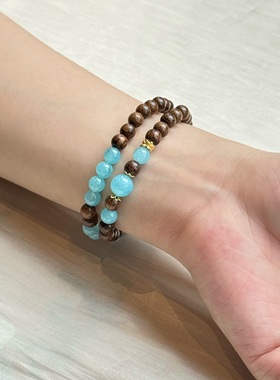 金丝檀木海蓝宝手串高级感送礼