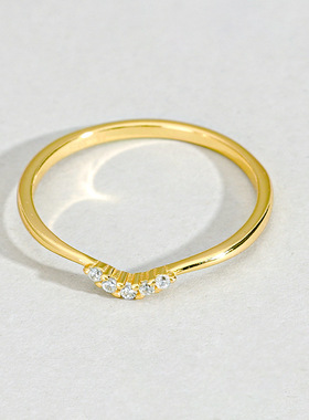 s925纯银时尚轻奢弧形微笑戒指女细款镶白锆叠戴尾戒指环