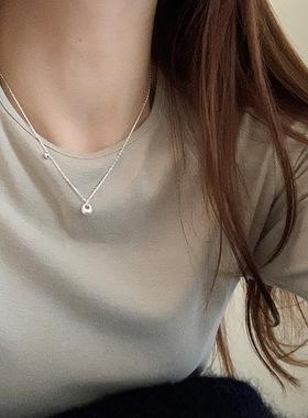 S925纯银ins小众磨砂哑光小银托项链女几何设计感圆珠锁骨链潮