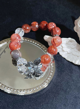 天然水晶白阿塞红胶花手串拉长石灰月光手链女生设计感小众手饰