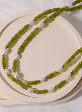 浮漾FLOAT复古绿色石材串珠珍珠项链女法式优雅锁骨链