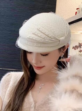 法式优雅珍珠网纱蝴蝶结羊毛礼帽女秋冬复古名媛鸭舌贝雷帽画家帽