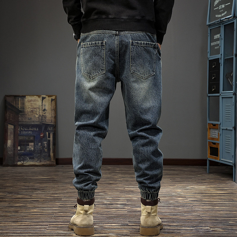 重磅拼接工装牛仔裤男宽松复古美式高街裤子潮流百搭哈伦束脚男裤,淘宝优惠券,粉丝福利购,淘宝优惠卷