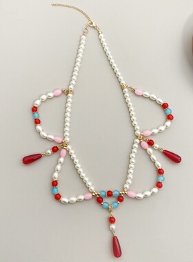 宋制国风红玉双层璎珞锁骨链