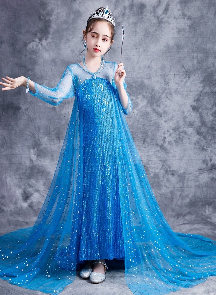 爱莎公主裙女童艾莎女王冰雪奇缘连衣裙生日礼服新款正版亮片_虎窝淘