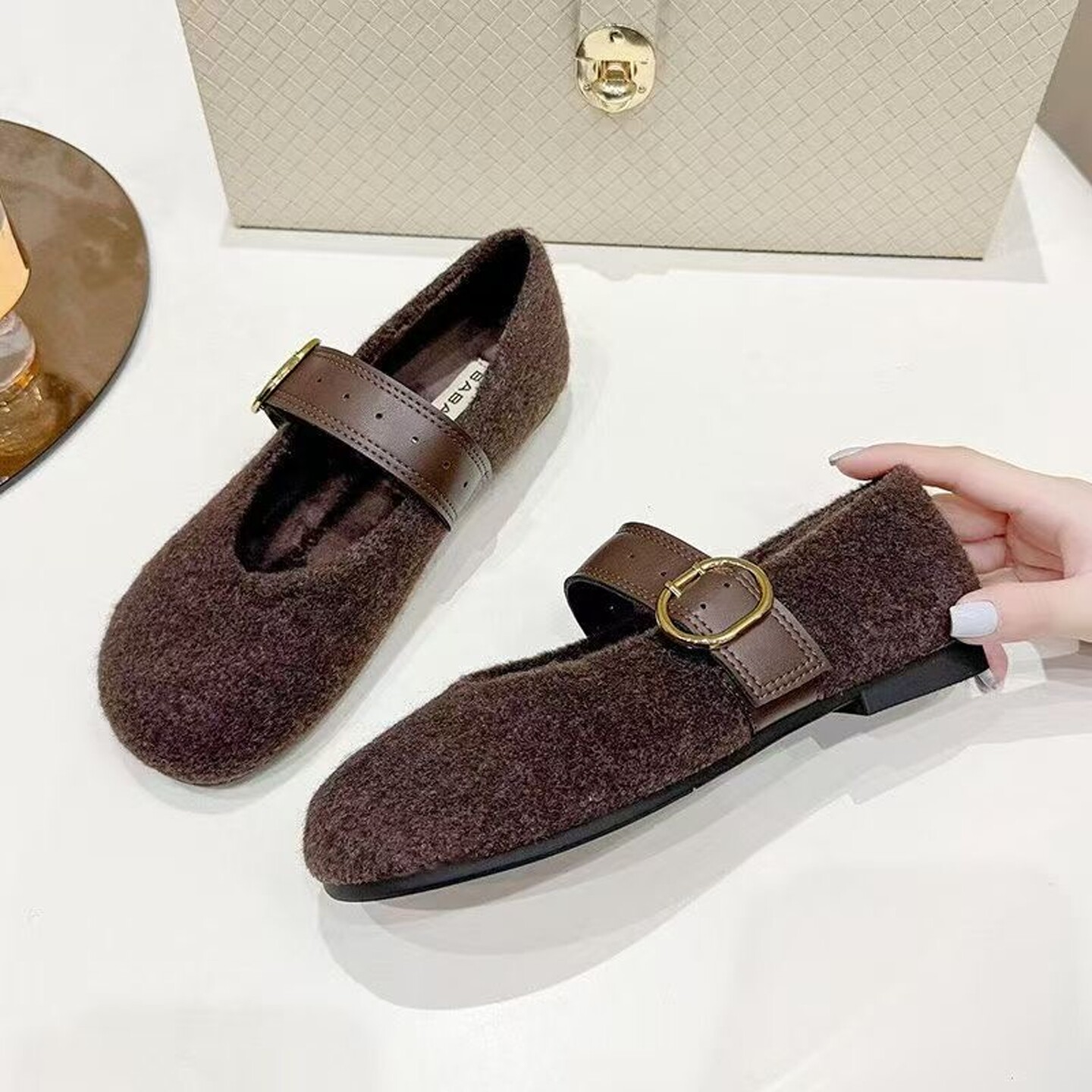 秋冬凹造型女鞋2025新品毛呢玛丽珍加绒软平底单鞋灰色毛毛鞋金属,淘宝优惠券,粉丝福利购,淘宝优惠卷