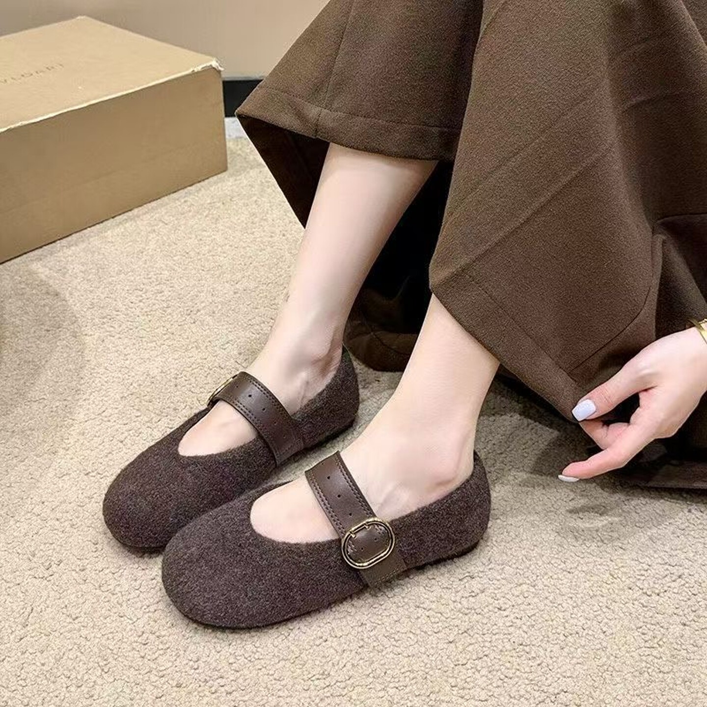 秋冬凹造型女鞋2025新品毛呢玛丽珍加绒软平底单鞋灰色毛毛鞋金属,淘宝优惠券,粉丝福利购,淘宝优惠卷