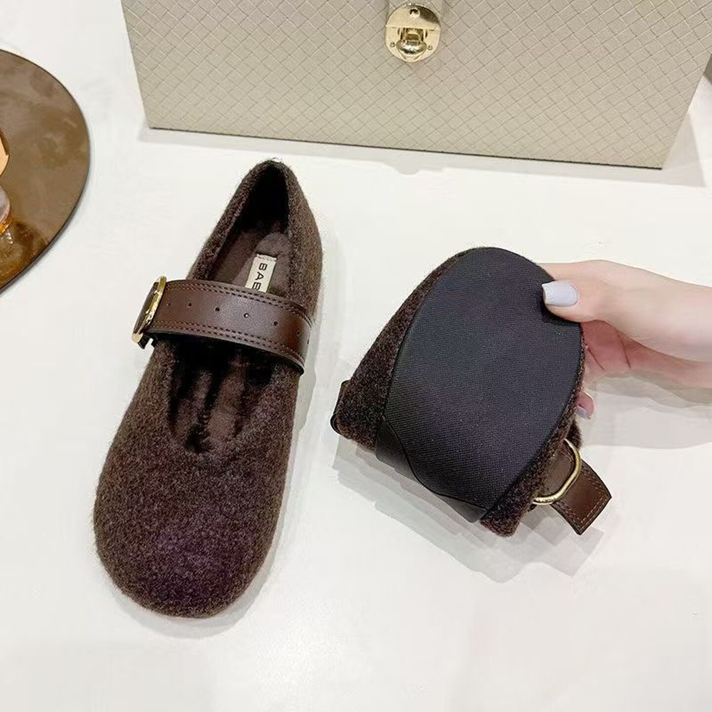 秋冬凹造型女鞋2025新品毛呢玛丽珍加绒软平底单鞋灰色毛毛鞋金属,淘宝优惠券,粉丝福利购,淘宝优惠卷