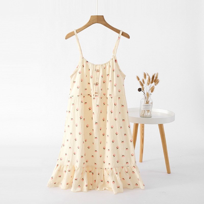 吊带裙 全棉绉布睡裙夏女士宽松小清新棉纱舒适家居裙 长裙可调节,淘宝优惠券,粉丝福利购,淘宝优惠卷