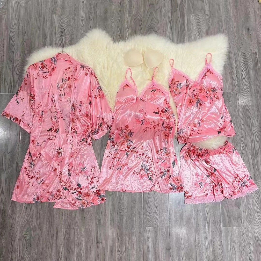 新款冰丝两件套睡袍纯欲诱惑带胸垫花边睡裙性感吊带睡衣四件套装,淘宝优惠券,粉丝福利购,淘宝优惠卷