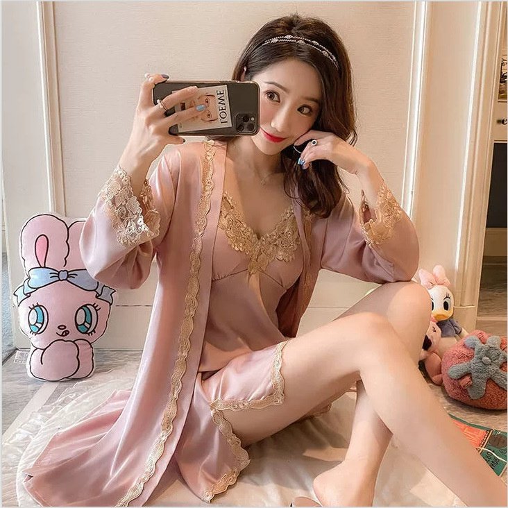 冰丝睡裙浴袍家居服性感睡衣女夏长袖薄款带胸垫睡袍套装,淘宝优惠券,粉丝福利购,淘宝优惠卷