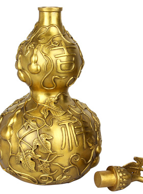 吉祥如意铜葫芦摆件桌面新中式开盖空心五帝钱挂件客厅开口工艺品